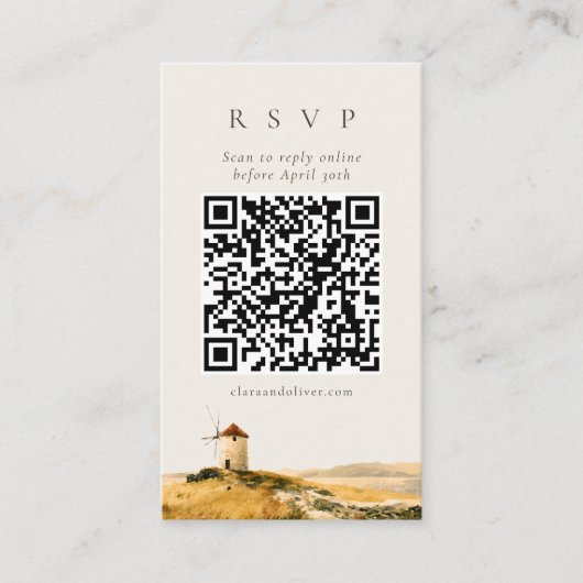 Waterverf Windmolen Grieks Eiland QR Code RSVP Kaa Informatiekaartje (Voorkant)