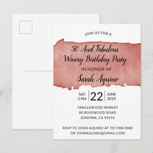 Waterverf Winery 50 & Fabulous Birthday Party Uitnodiging Briefkaart (Voorkant / Achterkant)