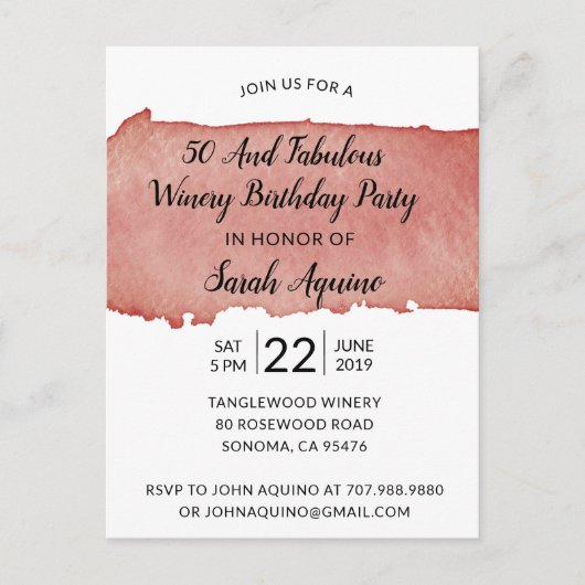 Waterverf Winery 50 & Fabulous Birthday Party Uitnodiging Briefkaart (Voorkant)