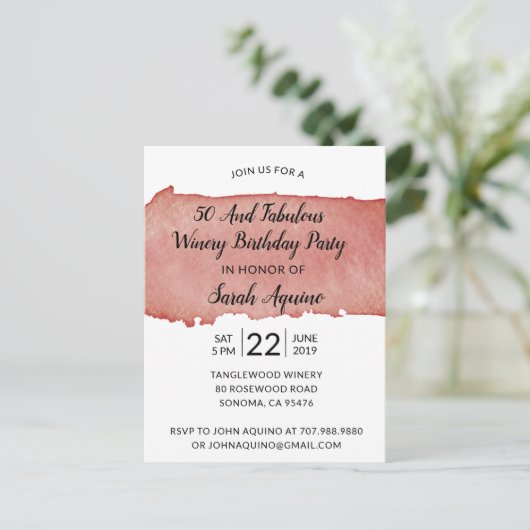 Waterverf Winery 50 & Fabulous Birthday Party Uitnodiging Briefkaart (Staand voorkant)