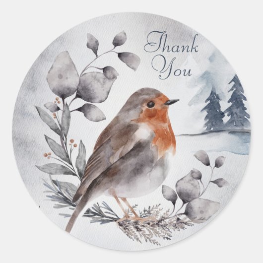 Waterverf Winter American Robin Hartelijk dank Ronde Sticker (Voorkant)
