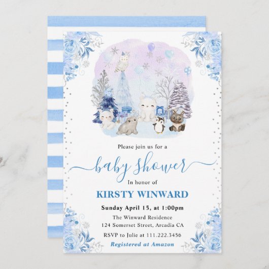 Waterverf Winter Arctic Animals Baby shower Kaart (Voorkant / Achterkant)