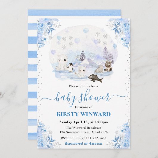 Waterverf Winter Arctic Animals Baby shower Kaart (Voorkant / Achterkant)