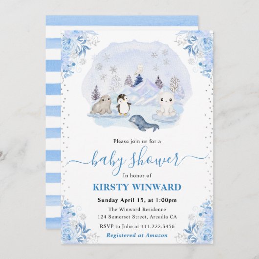 Waterverf Winter Arctic Animals Baby shower Kaart (Voorkant / Achterkant)