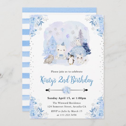 Waterverf Winter Arctic Animals Verjaardagsfeest Kaart (Voorkant / Achterkant)