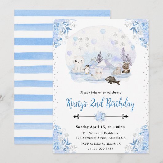Waterverf Winter Arctic Animals Verjaardagsfeest Kaart (Voorkant / Achterkant)