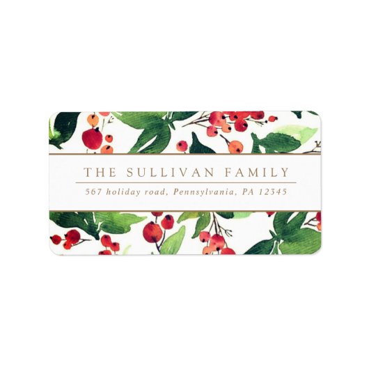 Waterverf Winter Berries & Holly Adres Label (Voorkant)