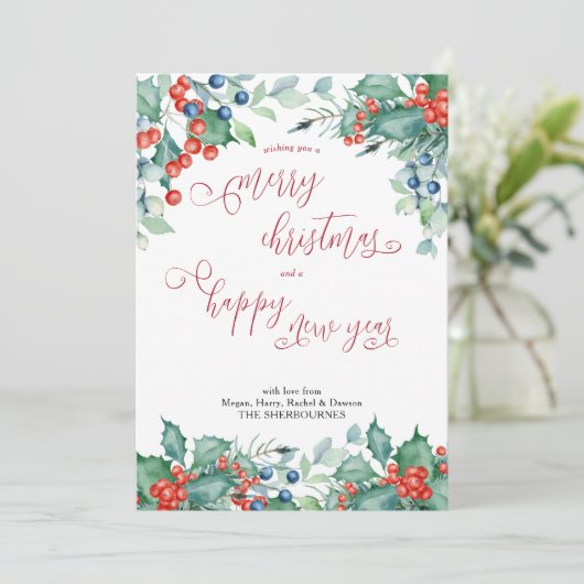 Waterverf Winter Berries Holly Calligrafie Feestdagenkaart (Staand voorkant)