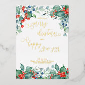 Waterverf Winter Berries Holly Calligrafie Gold Folie Feestdagenkaart (Voorkant)