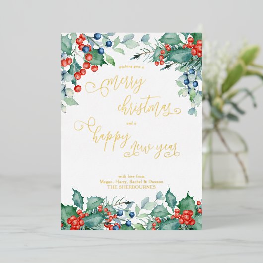 Waterverf Winter Berries Holly Calligrafie Gold Folie Feestdagenkaart (Staand Voorkant)