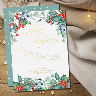 Waterverf Winter Berries Holly Calligrafie Gold Folie Feestdagenkaart