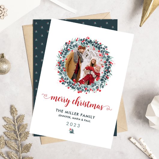 Waterverf Winter Berry groen krans foto Feestdagenkaart