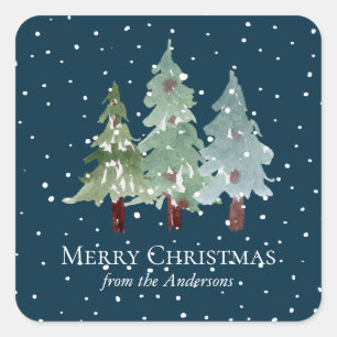 Waterverf winter besneeuwd dennenbos kerst vierkante sticker