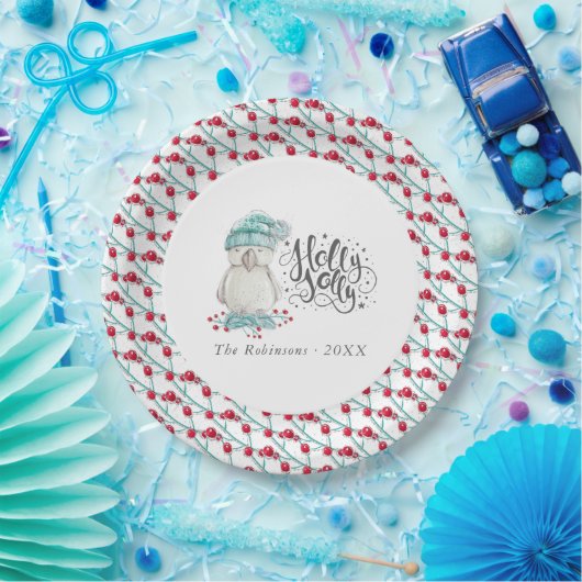 Waterverf Winter Bird Holly Jolly Kerstfeest Papieren Bordje (Feest)