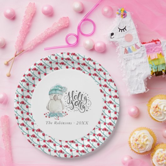 Waterverf Winter Bird Holly Jolly Kerstfeest Papieren Bordje (Feest)