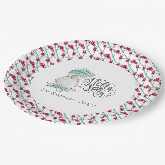 Waterverf Winter Bird Holly Jolly Kerstfeest Papieren Bordje (Gekanteld)