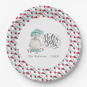 Waterverf Winter Bird Holly Jolly Kerstfeest Papieren Bordje