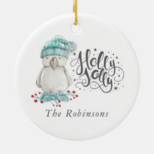 Waterverf Winter Bird Holly Jolly Kerstfoto Keramisch Ornament