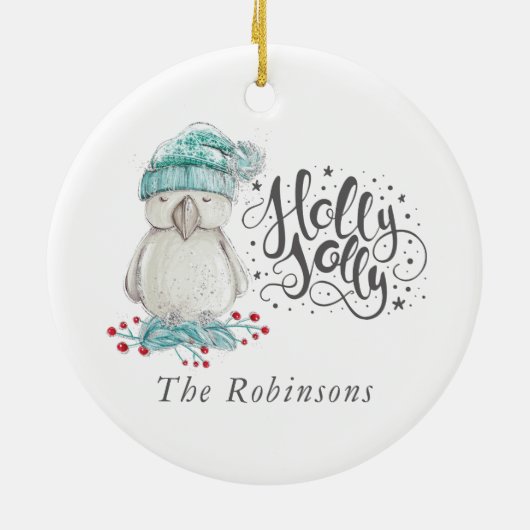 Waterverf Winter Bird Holly Jolly Kerstfoto Keramisch Ornament (Achterkant)