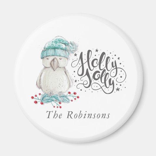Waterverf Winter Bird Holly Jolly Kerstmis Magneet (Voorkant)