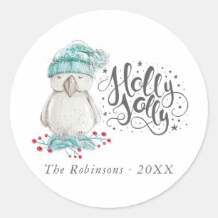 Waterverf Winter Bird Holly Jolly Kerstmis Ronde Sticker