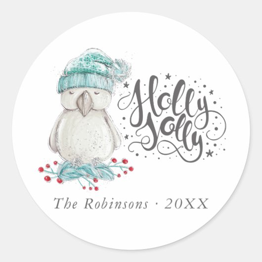 Waterverf Winter Bird Holly Jolly Kerstmis Ronde Sticker (Voorkant)