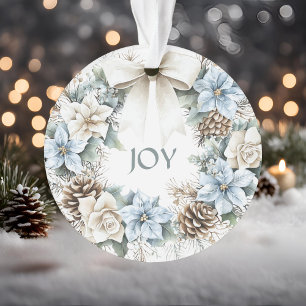 Waterverf Winter Blauw Bloemen Joy Vakantie Krans Ornament