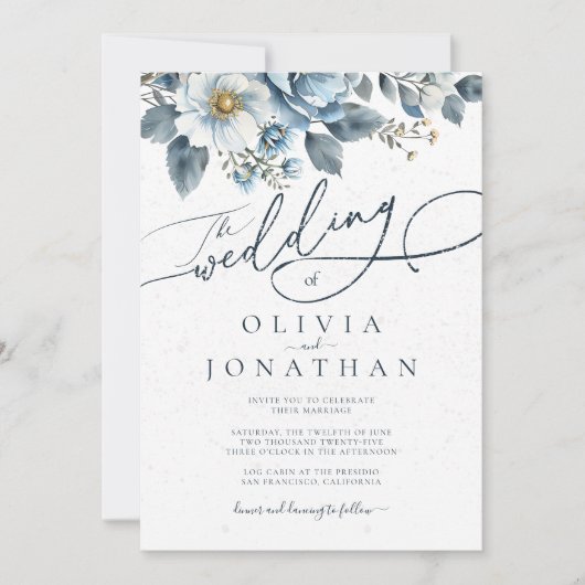 Waterverf Winter Blauwe Bloemen Trouwfeest Kaart (Voorkant)