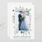 Waterverf Winter Blauwe Floral Pas getrouwd Feestdagenkaart (Voorkant / Achterkant)