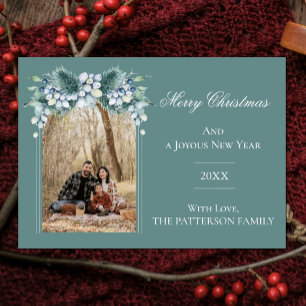 Waterverf Winter Bloemen Boho Boog Foto   Blauwgro Feestdagenkaart