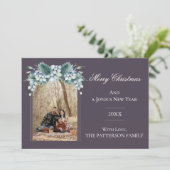 Waterverf Winter Bloemen Boho Boog Foto | Paars Feestdagenkaart (Staand voorkant)