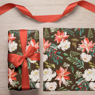 Waterverf Winter Bloemen Holly Berry Pattern Bruin Cadeaupapier