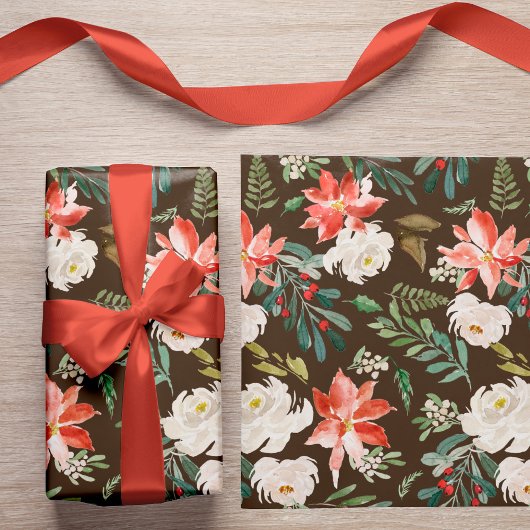 Waterverf Winter Bloemen Holly Berry Pattern Bruin Cadeaupapier