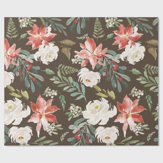 Waterverf Winter Bloemen Holly Berry Pattern Bruin Cadeaupapier (Vlak)
