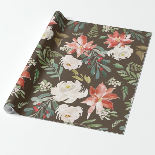 Waterverf Winter Bloemen Holly Berry Pattern Bruin Cadeaupapier (Uitgerold)