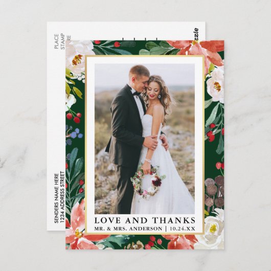 Waterverf Winter Bloemen Lijst Liefde en Bedankt Briefkaart (Voorkant / Achterkant)