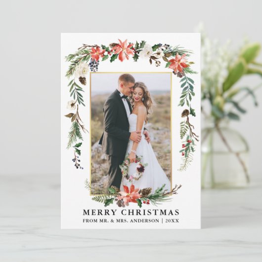 Waterverf Winter Bloemen Pas getrouwd Goud Lijst Feestdagenkaart (Staand voorkant)