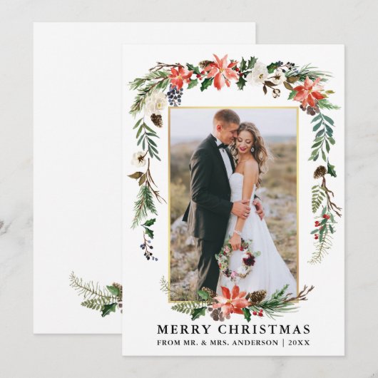 Waterverf Winter Bloemen Pas getrouwd Goud Lijst Feestdagenkaart (Voorkant / Achterkant)