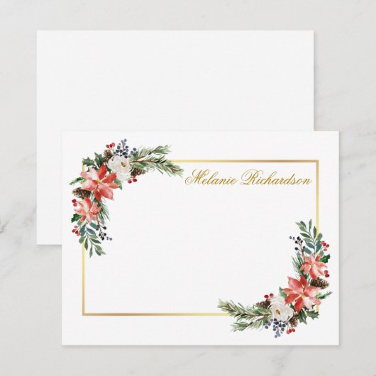 Waterverf Winter Bloemen Personalized Goud Notitiekaartje (Voorkant / Achterkant)