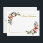 Waterverf Winter Bloemen Personalized Goud Notitiekaartje<br><div class="desc">Moderne Elegante Waterverf Winter Bloemen Personalized Goud Frame Notitiekaart. Goud Schrift. Bevat prachtige waterverf rode poinsettia's,  botanisch groen,  winterloof,  hulstbessen,  witte rozen,  dennenappels en blauwe bessen.</div>