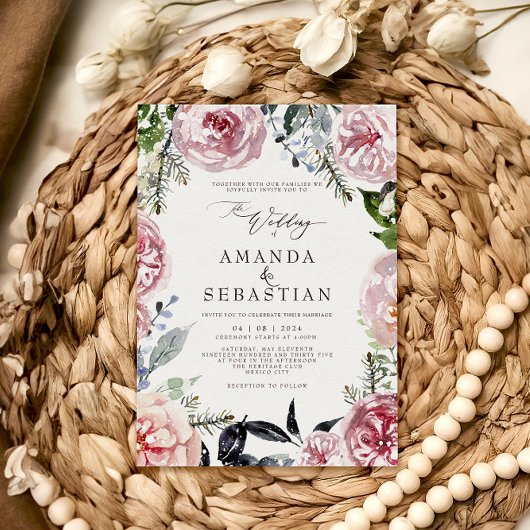 Waterverf Winter Bloemen Roze Lijst Trouwfeest Kaart