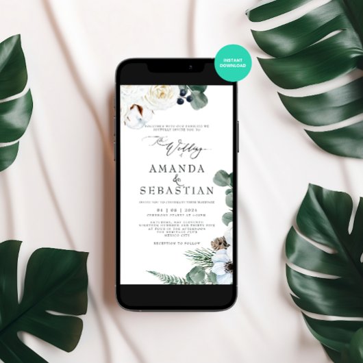 Waterverf Winter Bloemen Witte Roos Trouwfeest Kaart