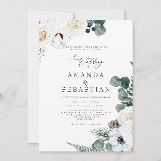 Waterverf Winter Bloemen Witte Roos Trouwfeest Kaart (Voorkant)