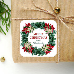 Waterverf Winter Bloemenkrans Prettig Kerstfeest Vierkante Sticker