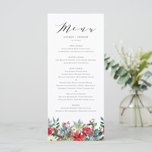 Waterverf Winter Blooms Garland Wedding Menu (Staand voorkant)