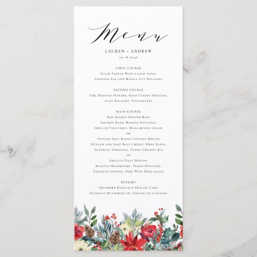 Waterverf Winter Blooms Garland Wedding Menu (Voorkant)