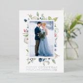 Waterverf Winter Blue Floral Pas getrouwd Silver Folie Feestdagenkaart (Staand Voorkant)