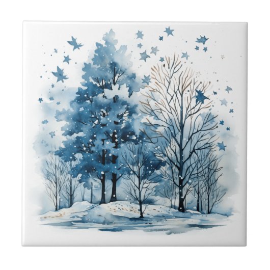 waterverf winter bos Boom Tegeltje (Voorkant)