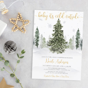 Waterverf Winter Bos Gouden Baby Shower Kaart