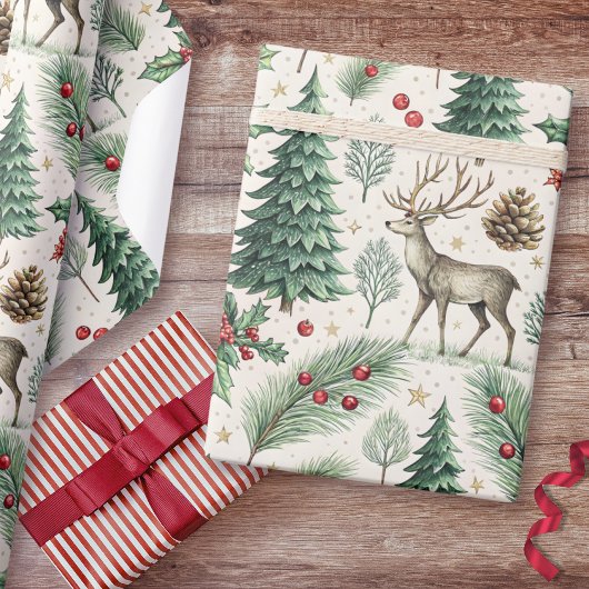 Waterverf Winter Bos Herten Kerstmis Cadeaupapier